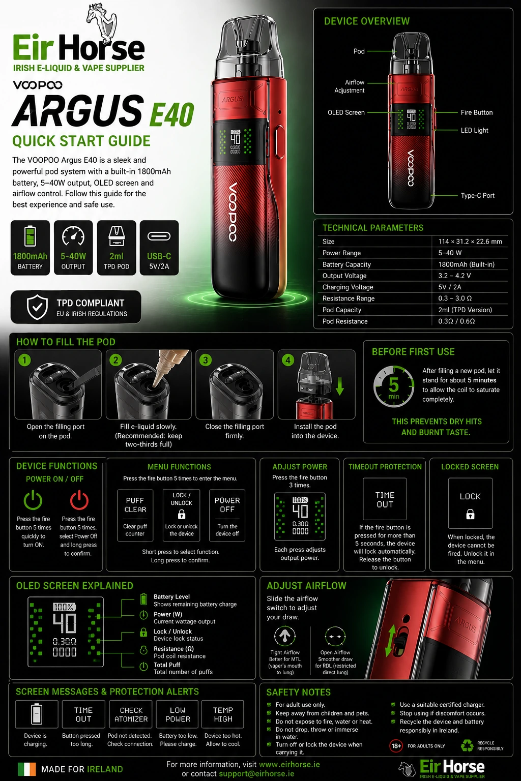 VOOPOO Argus E40 quick start guide for filling, priming and using the refillable pod vape kit in Ireland